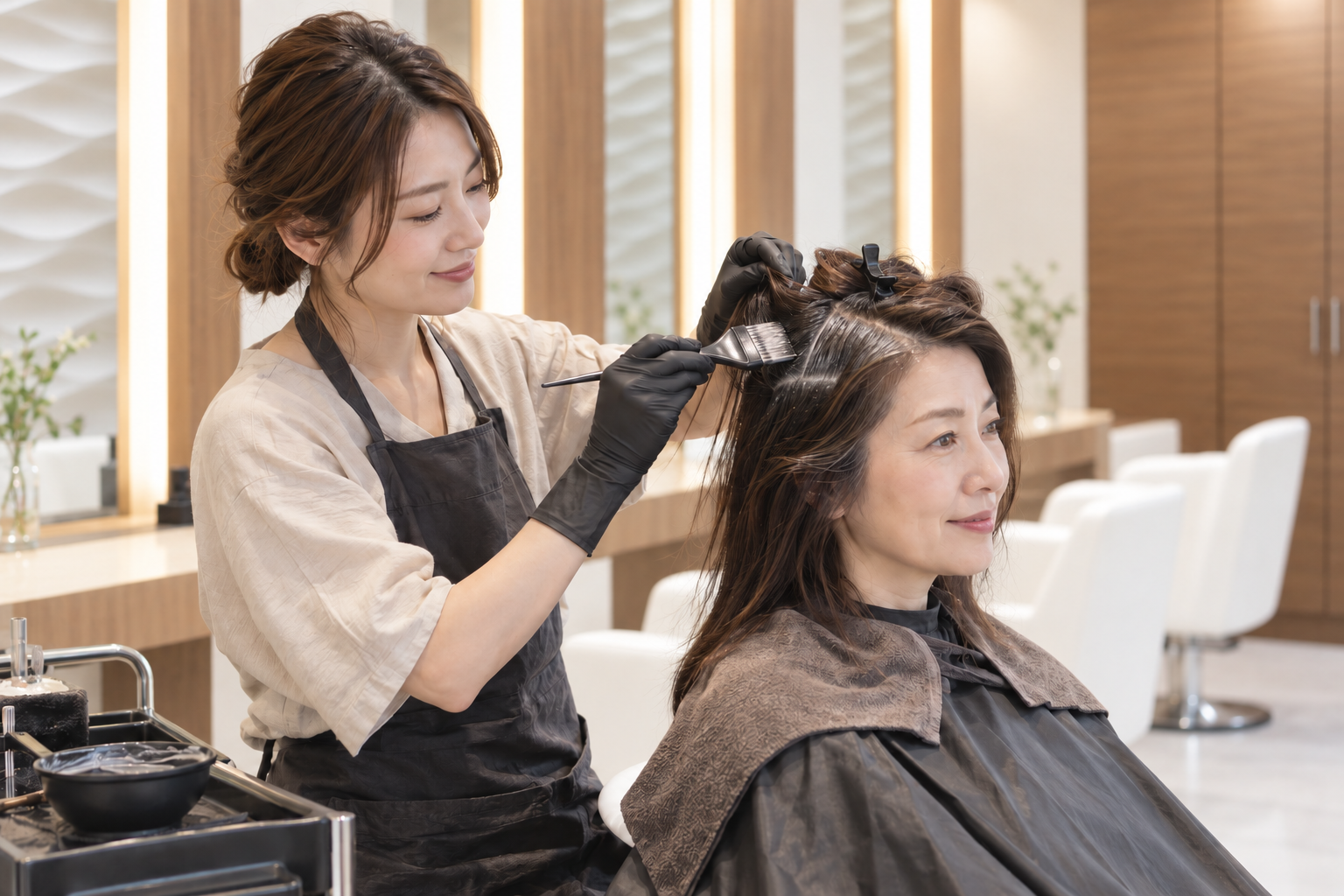 女性美容師による大人女性のヘアカラー施術