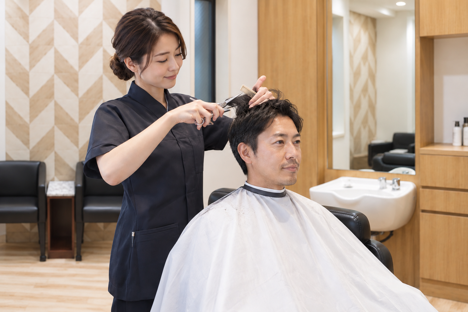 女性理容師による男性のカット施術