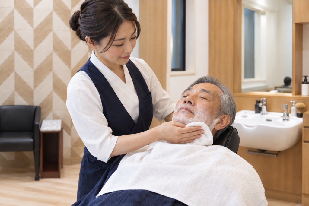 理容室FUJIMORIで男性のお客様を施術する理容師