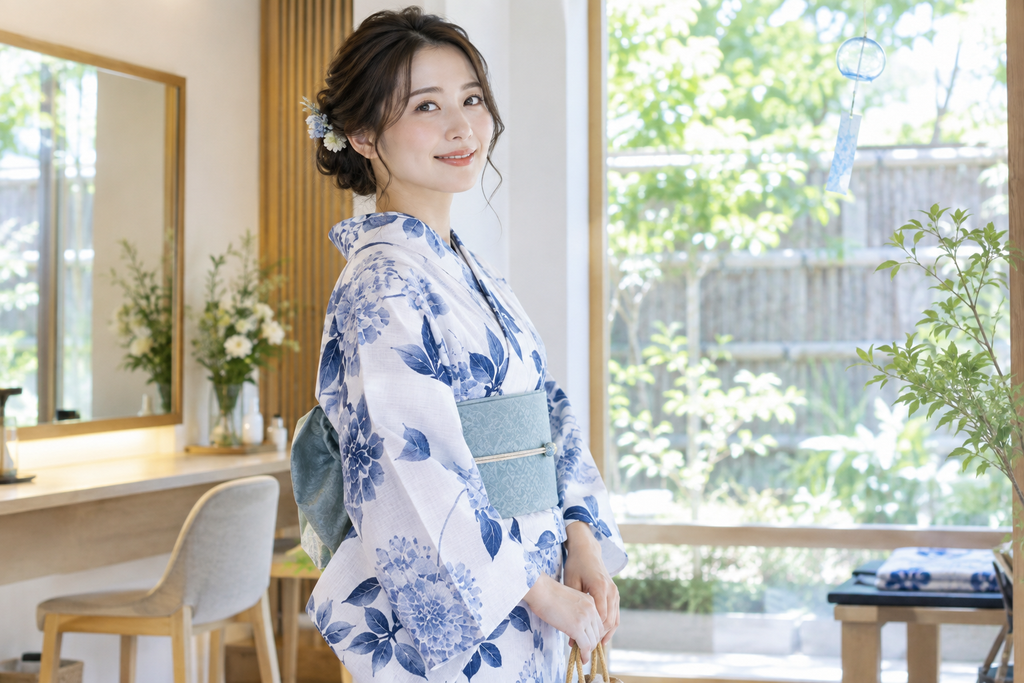 夏の浴衣を着た女性